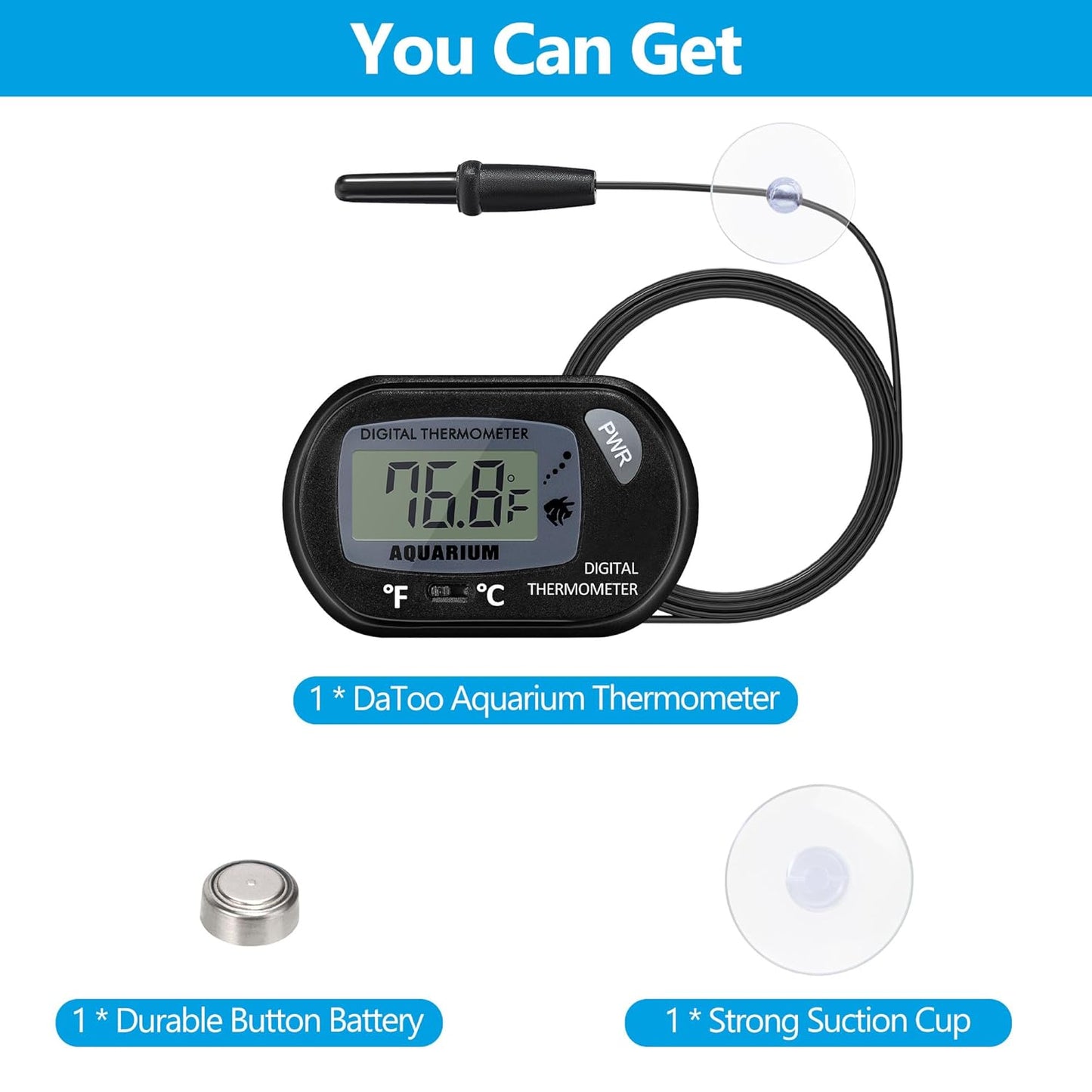 Aquarium Thermometer with Large LCD Display Fahrenheit/Celsius(℉/℃) Fish Tank Thermometer for Aquarium Reptile Terrarium Digital Water Thermometer with Suction Cup