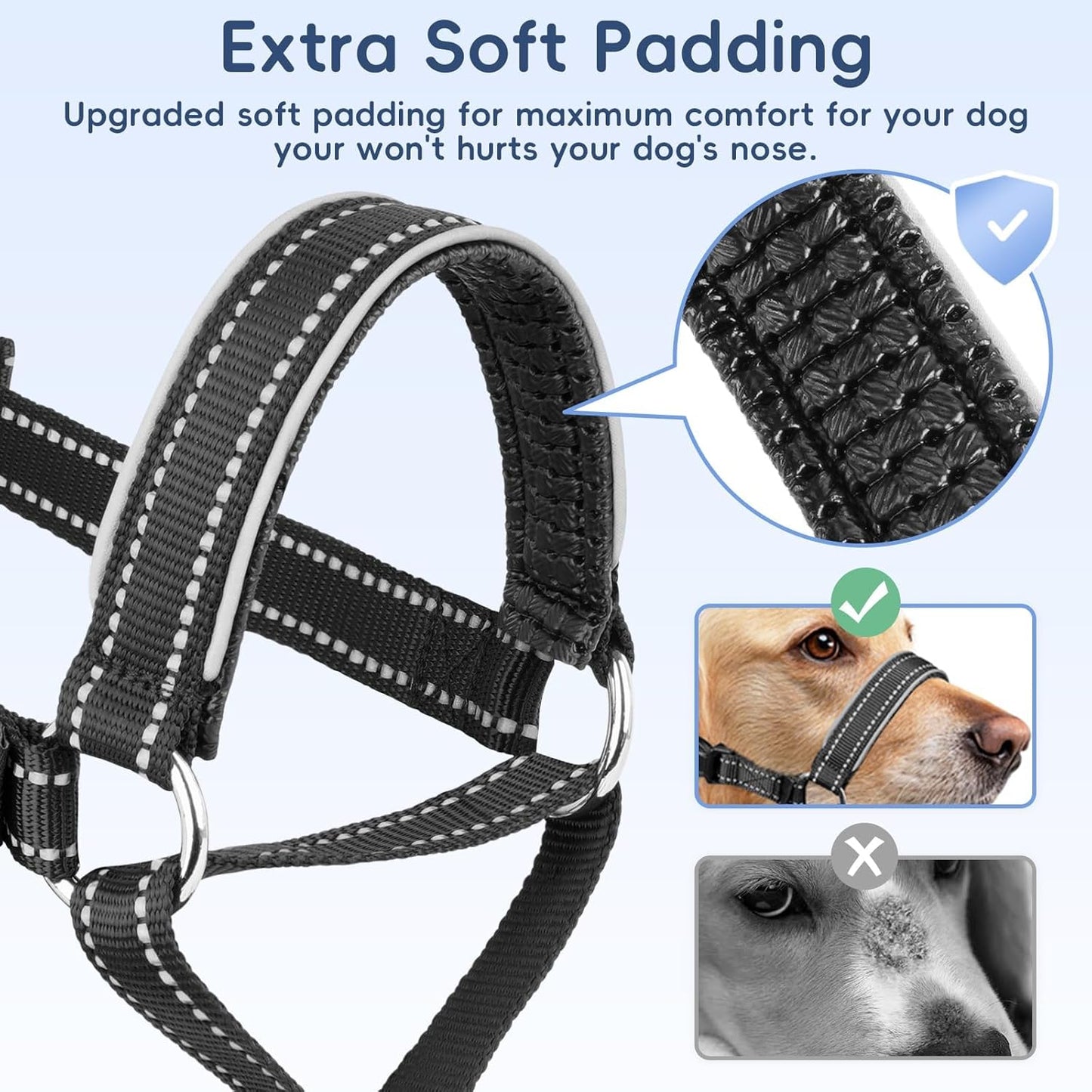 BARKLESS Soft Nylon Dog Head Collar for Large Medium Dog, Reflective Padding Head Halter for Training, Adjustable Muzzle Leash No Pulling, Jumping, Nose Leash Ideal for Walking (Black, M)