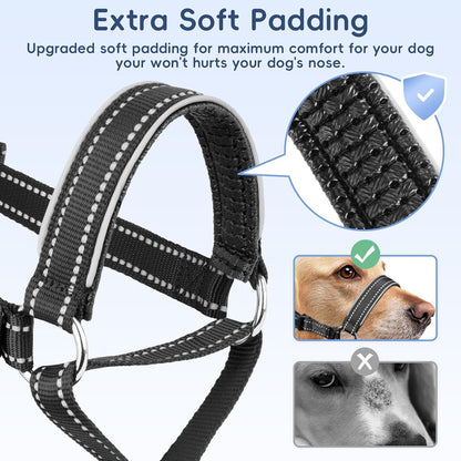 BARKLESS Soft Nylon Dog Head Collar for Large Medium Dog, Reflective Padding Head Halter for Training, Adjustable Muzzle Leash No Pulling, Jumping, Nose Leash Ideal for Walking (Black, M)