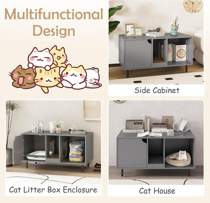 HOMGX Cat Litter Box Enclosure, 40” Hidden Cat Washroom Furniture w/Storage, Removable Scratching Board, Metal Legs, Double-Room Indoor Wooden Kitten House End Side Table, Modern Pet Cabinet (Grey)