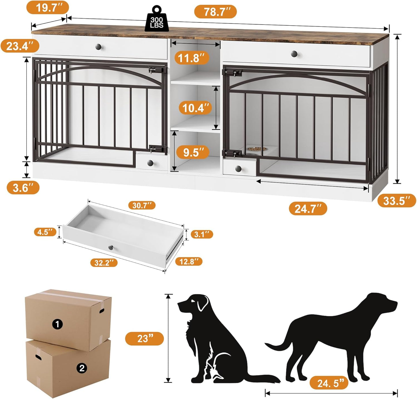 GarveeHome Dog Crate Furniture for 2 Dogs, Dog Kennel Indoor with Storage and Feeding Bowls, Double Dog Crate TV Stand for Small Medium Dogs, White
