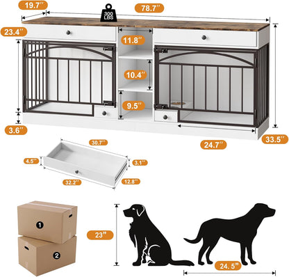 GarveeHome Dog Crate Furniture for 2 Dogs, Dog Kennel Indoor with Storage and Feeding Bowls, Double Dog Crate TV Stand for Small Medium Dogs, White