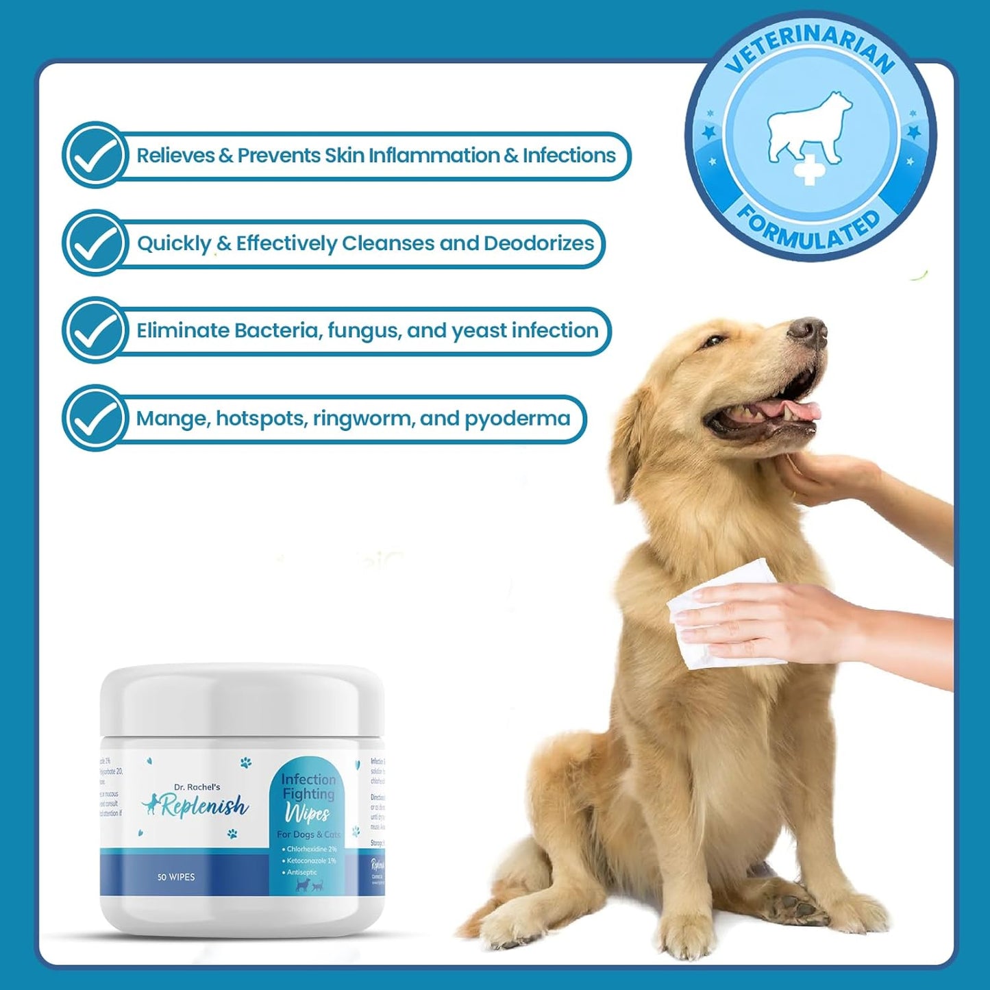 Replenish Antiseptic Wipes for Dogs and Cats - Dog Medicated Wipes with Chlorhexidine and Ketoconazole - Pet Grooming Wipes - Dog Allergy Wipes for Itch Relief, Hot Spots & Skin Irritation - 50 Count
