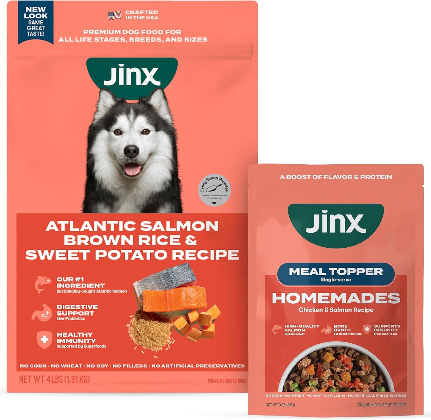 Jinx Dog Food Bundle - 4lb Salmon Dry Dog Food & 8-Pack Homemades Salmon & Chicken Wet Food Pouches (3-oz)