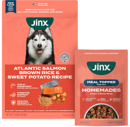 Jinx Dog Food Bundle - 4lb Salmon Dry Dog Food & 8-Pack Homemades Salmon & Chicken Wet Food Pouches (3-oz)