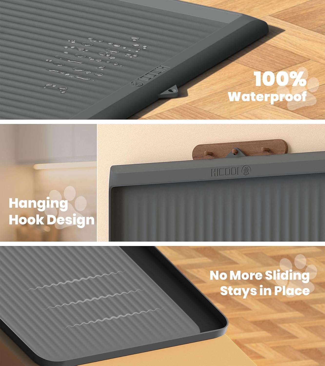 Dog Food Mat 36"x24", Waterproof Pet Feeding Mat with Diversion Grooves and Raised Edges, Large Non-Slip Dog Bowl Mat for Food and Water, Cat Food Mat for Floors, Easy to Clean, Grey