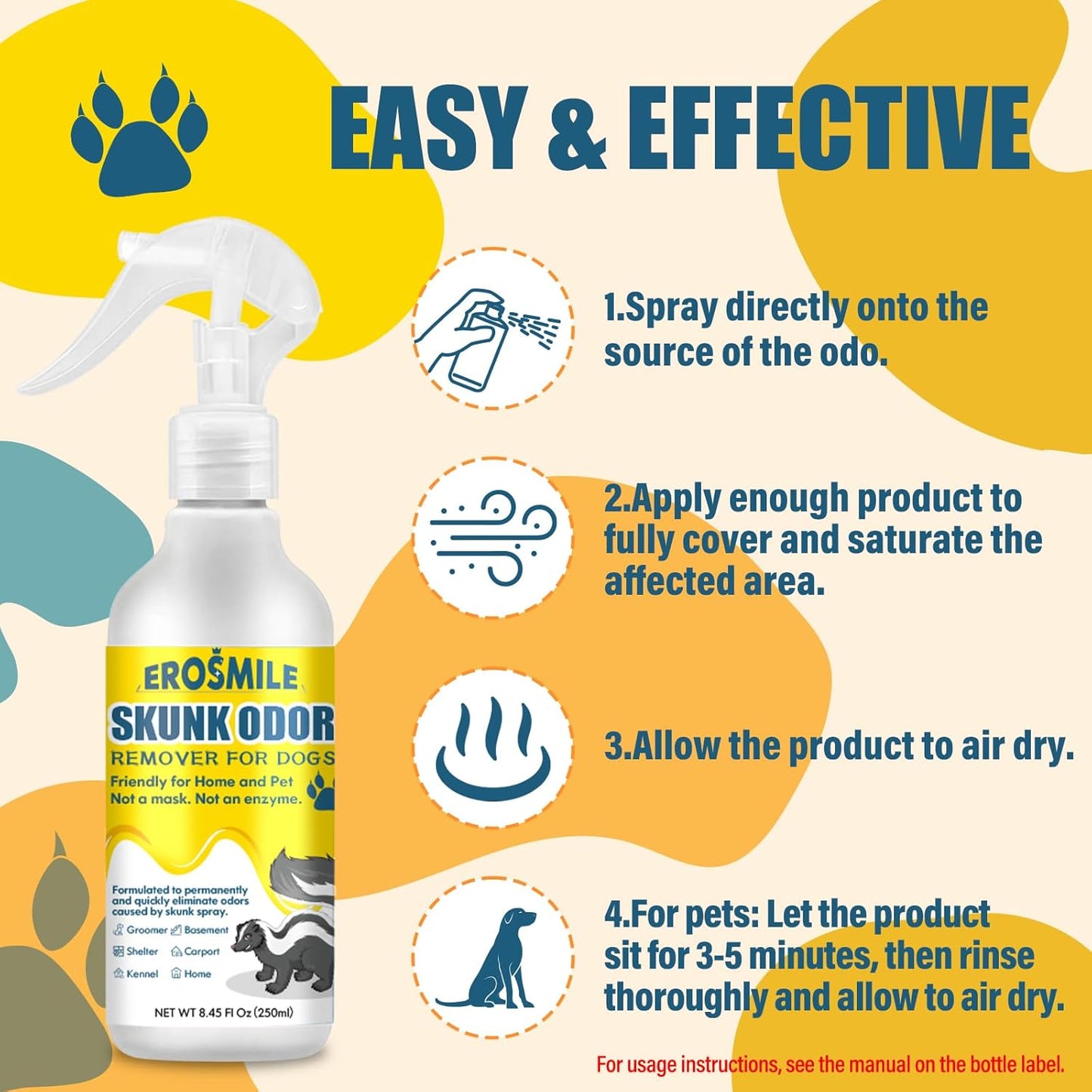 Skunk Odor Remover For Dogs,Removing Skunk Smell From House,Friendly For Dogs Head & Face,Suitable For Pet Areas,Fabrics,Carpets,Clothing,Car,Garages,Tool Sheds Odor Eliminator Spray 8.45oz