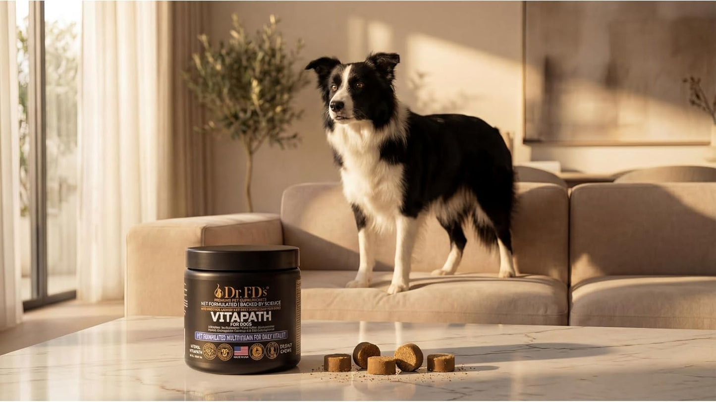 Dr. FD’s VitaPath – Daily Multivitamin for Dogs | Vitamins, Antioxidants & Omegas for Skin, Coat, Immune & Metabolic Health | Natural Beef Flavor | 120 Soft Chews