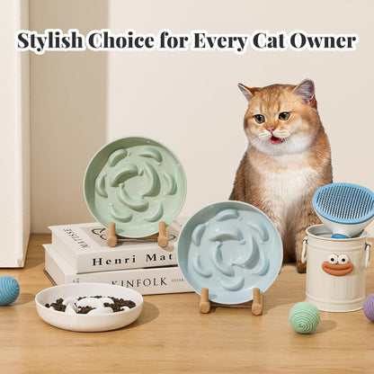 Melamine Slow Feeder Cat Bowls - Set of 3 Cat Food Dishes - Fun Maze Design for Slow Feeding - Dishwasher Safe - White × 3