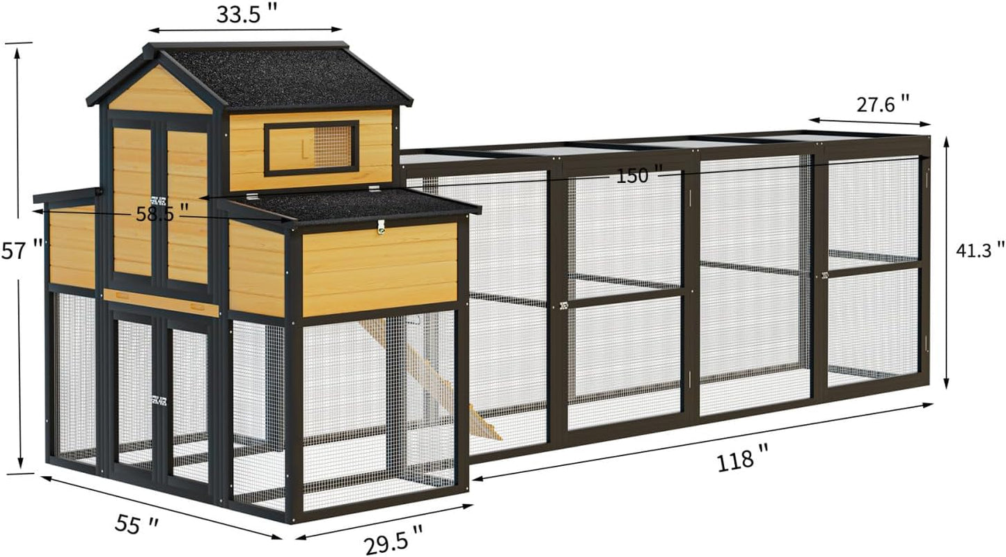 150" Black Large Wooden Chicken Coop Outdoor Hen House with Run and Nesting Boxes Wood Black Extra Large Space Outdoor Ready