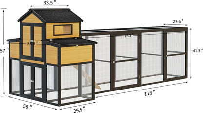 150" Black Large Wooden Chicken Coop Outdoor Hen House with Run and Nesting Boxes Wood Black Extra Large Space Outdoor Ready