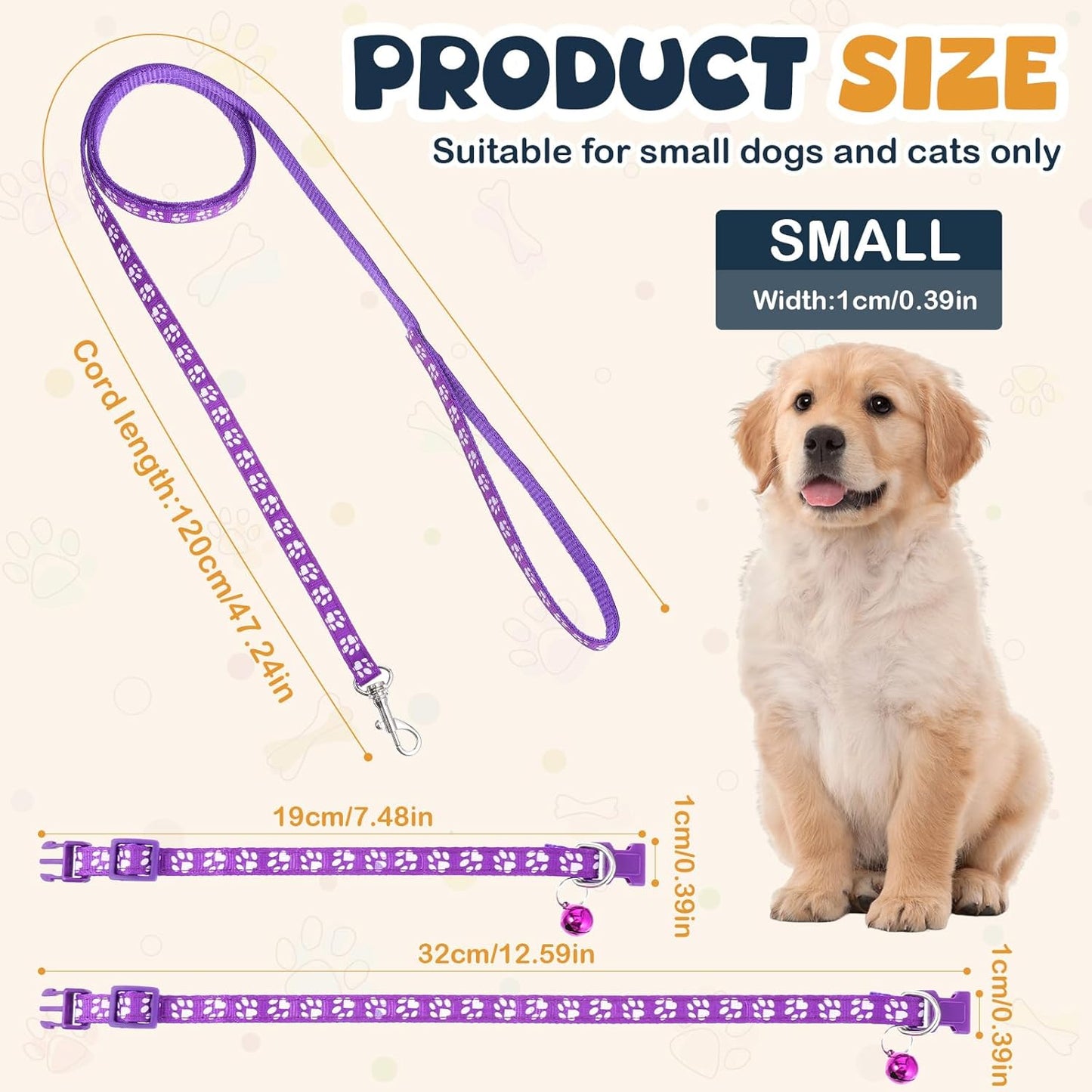 48 Pcs Dog Collar and Leash Set, Nylon Puppy Collars Bulk, Polypropylene Adjustable Paw Print Puppy Col with Quick Release Buckle, for Puppies and Kittens, Multicolor
