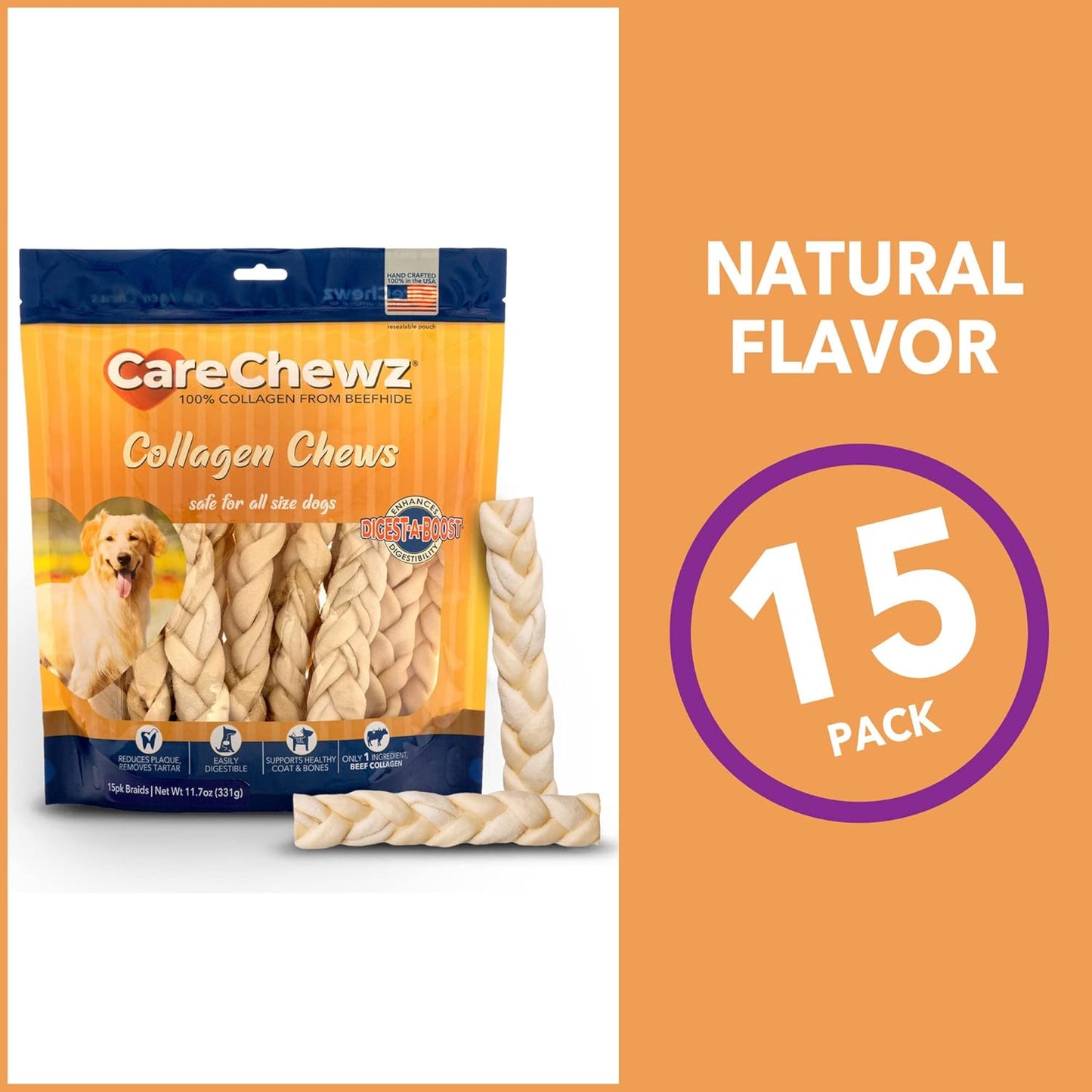 Pet Factory CareChewz Collagen 6-7" Skinny Braided Sticks Dog Chew Treats - Natural Flavor, 15 Count/1 Pack