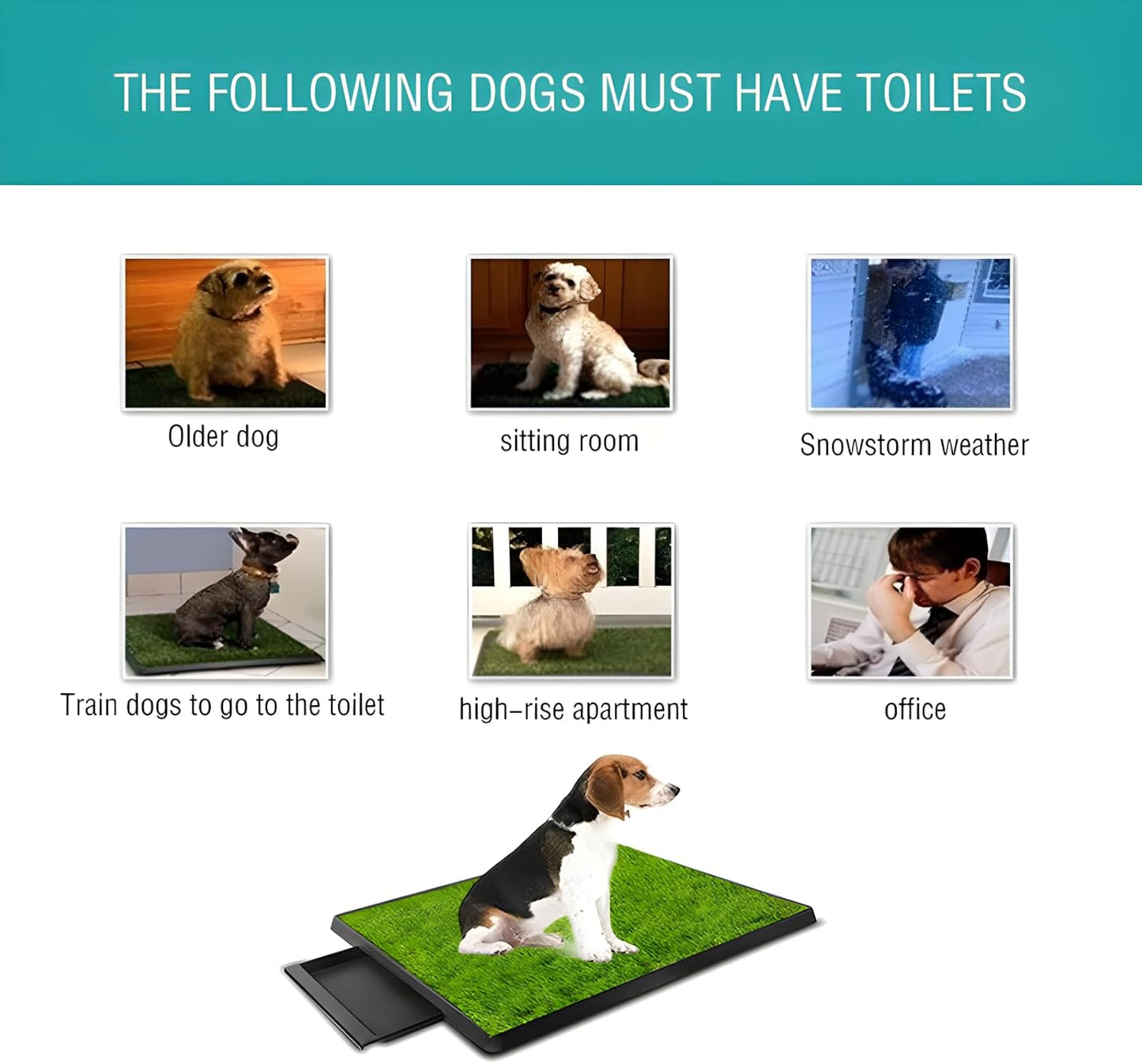 Dog Urinal containing 2 Replaceable lawns, Dog Potty Grass .Portable pet bedpans That can be Washed， Suitable for Almost All Types of Dogs. Length: 25 inches. Width 20 inches. Height: 3 inches