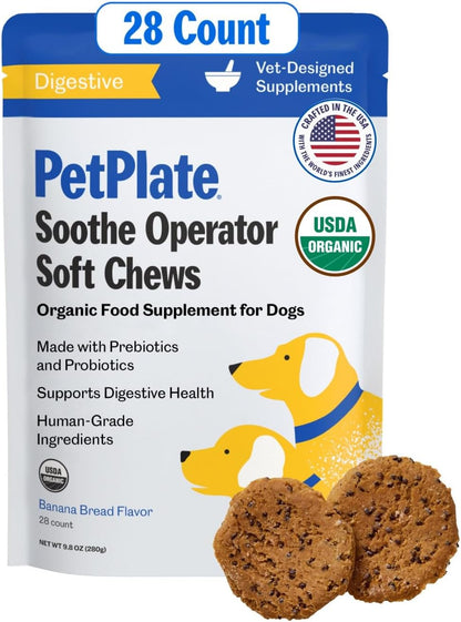 PetPlate Soothe Operater Digestive Soft Chews for Dogs, Made with Prebiotics & Probiotics, USDA Organic Supplement, Grain-Free, Human-Grade, Pet Supplies, (Pack of 1, 9.8 Ounce)