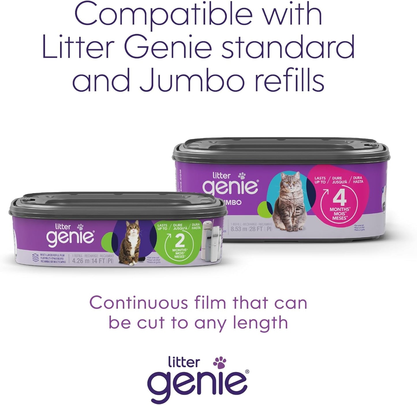 Litter Genie Design Pail Includes a Refill That can Last up to 2 Months, a Scoop, and a Scoop Holder.