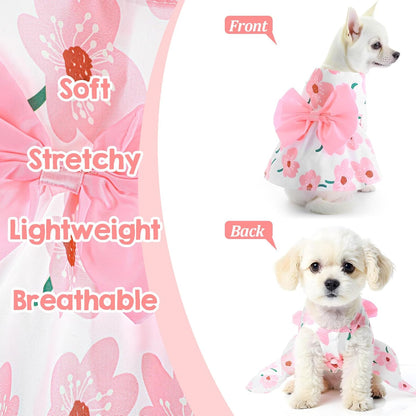 Dog Floral Dress, Cute Dog Dresses with Pink Bow, Pet Princess Dresses, Pink Floral Dogs Cat Clothes, Spring Summer Pet Clothes for Chihuahua, Yorkie, Puppy and Small Cats (XS Size)