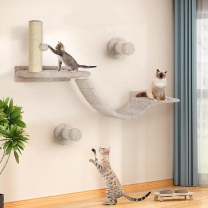 Cat Wall Shelves Climber Systems, Set of 7 Heavy Duty Wall-Mounted Cat Furniture Set with Scratcher Post, Bridge Ladder, Wooden Platform and Hanging Ball for Kittens, Large Cats