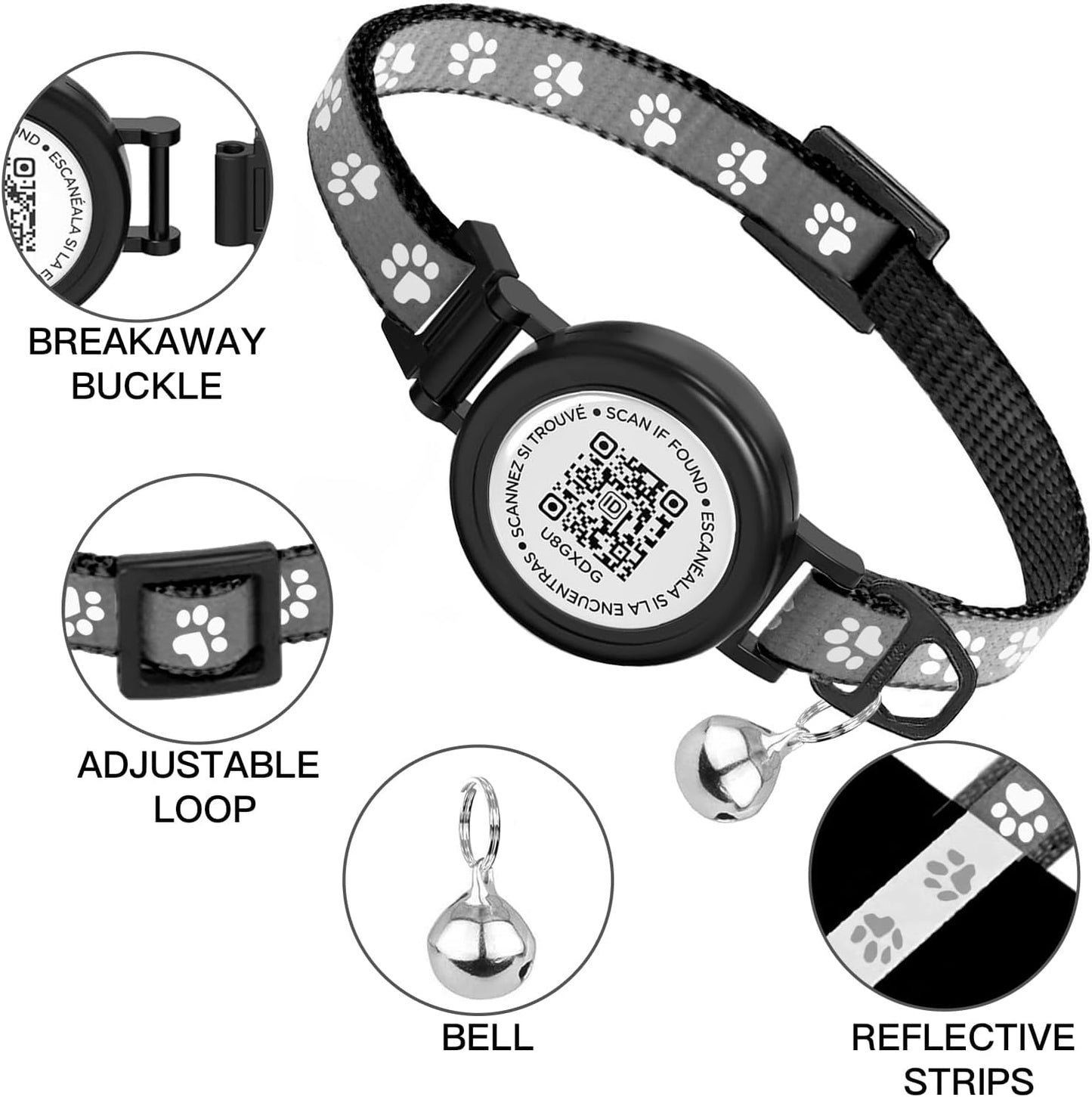 Waterproof Airtag Cat Collar with QR TAG & Reflective, Footprints Pattern, Lightweight Kitten Collar for Apple AirTag, Hidden GPS Tracker Holder for Cats, Kittens (Black)(7-12”)
