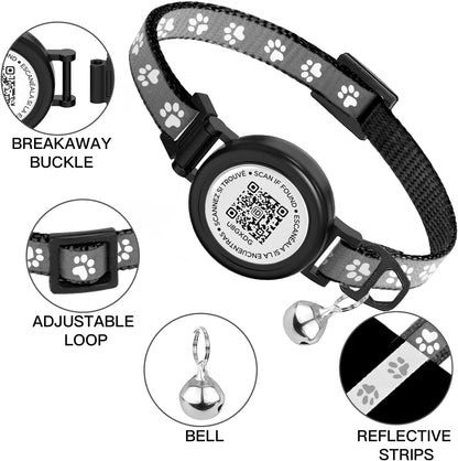 Waterproof Airtag Cat Collar with QR TAG & Reflective, Footprints Pattern, Lightweight Kitten Collar for Apple AirTag, Hidden GPS Tracker Holder for Cats, Kittens (Black)(7-12”)