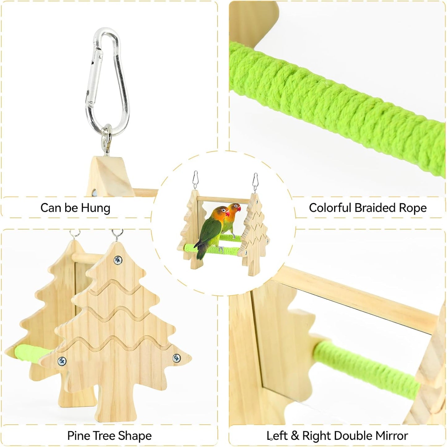 Parakeets Pine Perch Toy Wooden Swing with Acrylic Mirror for Cockatiels, Budgies, Conures, and Small Parrots Bird Cage Accessories for Chewing and Exercise (Tree)