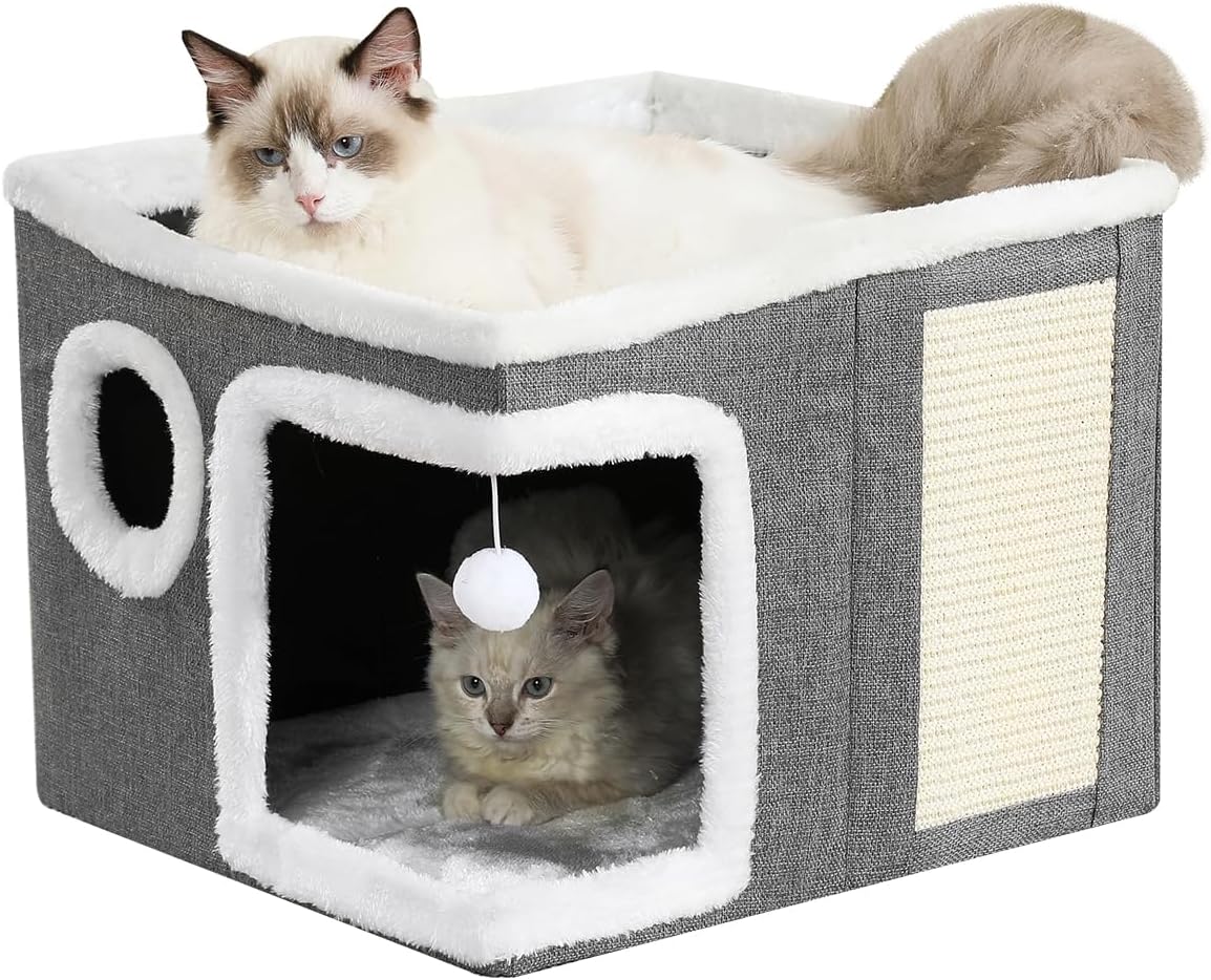 Cat Houses for Indoor Cats - Large Cat Bed Cave with Scratch Pad and Fluffy Ball, Foldable Cat Hideaway, Kitten Bed with Cozy Condo, 16.5x16.5x13 inches, Grey (Grey, Large)