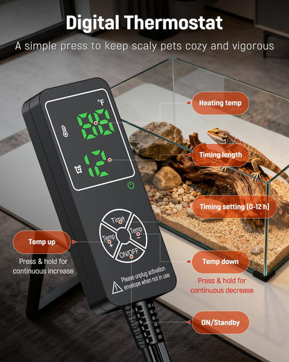 Pawfly Reptile Heat Pad with Thermostat & Timer - Reptile Heating Pads 25 W, 17.7 x 8 Inch Hermit Crabs Heating Pad, Heat Mat for Reptiles Turtles Frogs Snakes Lizards Geckos Plants Seedlings