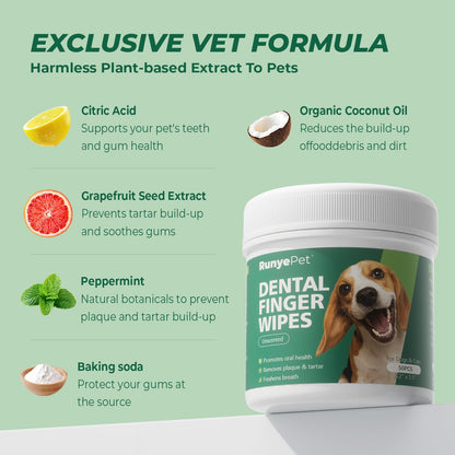 Pet Dental Finger Wipes for Dog & Cats, Remove Bad Breath by Removing Plaque and Tartar Buildup No-Rinse Dog Finger Toothbrush, Disposable Gentle Cleaning & Gum Care Pet Wipes, 50 Counts