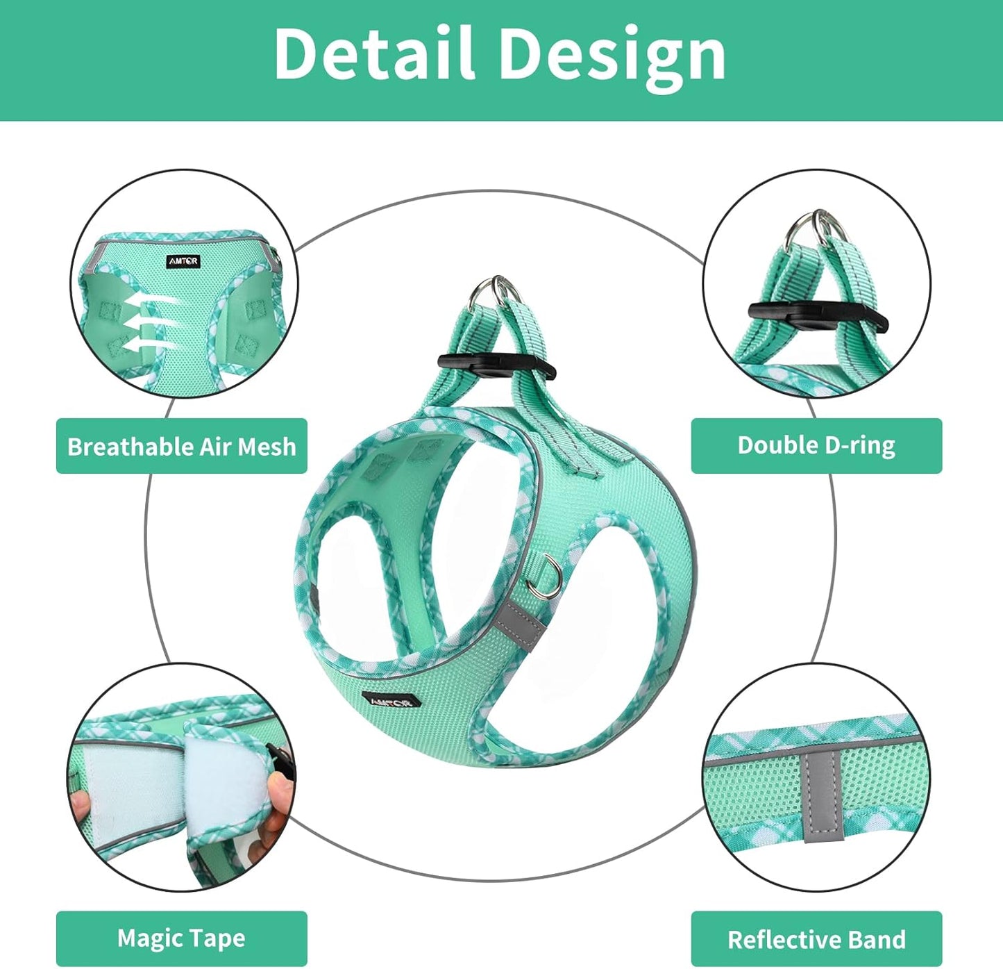 AMTOR Small Dog Harness with Leash Set, No Escape Easy Walk Puppy Harnesses for Training Walking, Step-in Reflective Soft Dogs Vest for XS S Medium Extra-Small Large Sized Dog(Green,S)