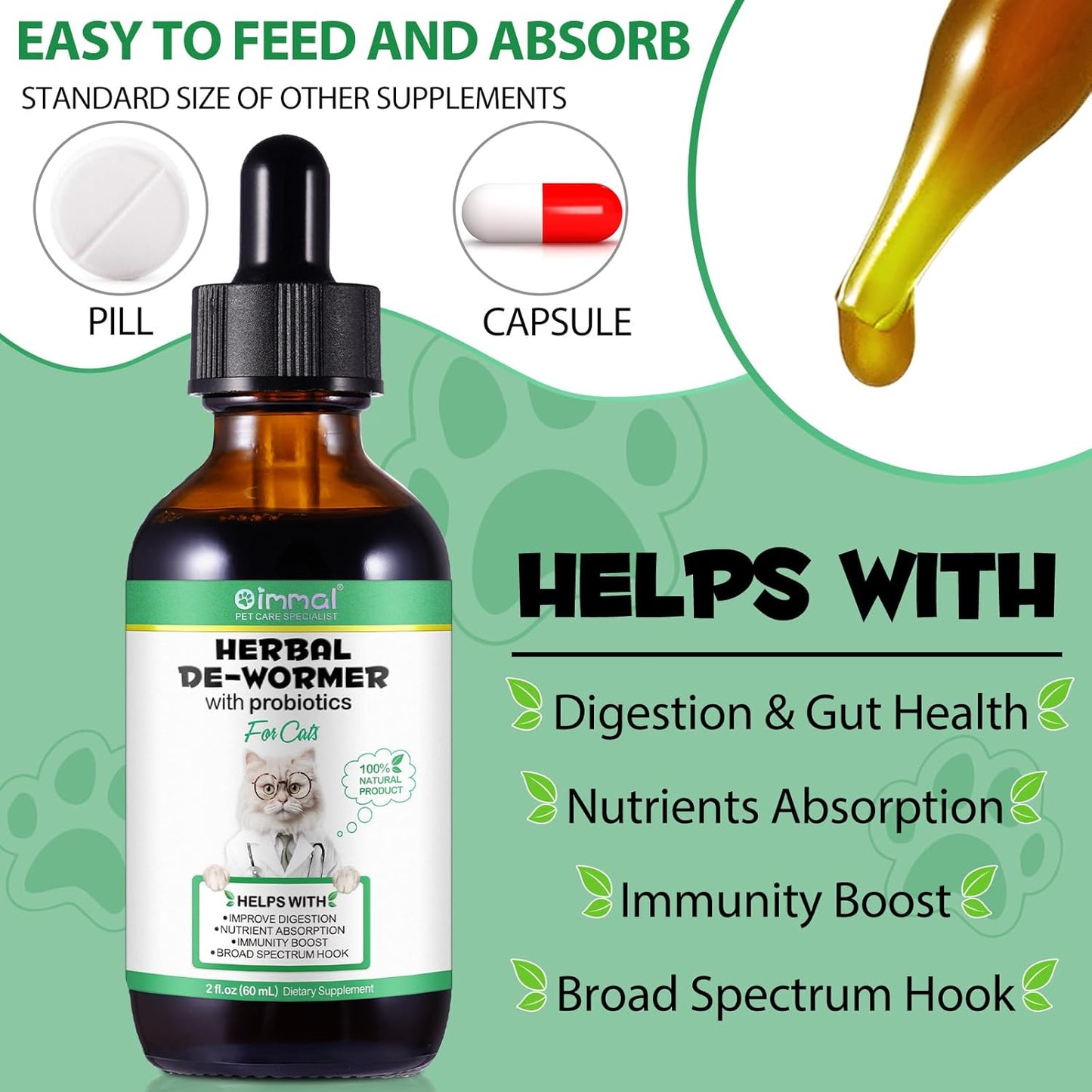Specifically Formulated for Cats, Cats Natural Broad Spectrum Treatment, Herbal Cleanse, Digestive Support for All Cat Breeds, Gut Health, Puppy & Kitten, Supplement Drops