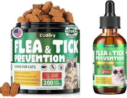 Flea & Tick Support for Cats, Fleas and Ticks Chews + Fleas and Ticks Drops Comfort Formula for Cat All Breeds & Ages
