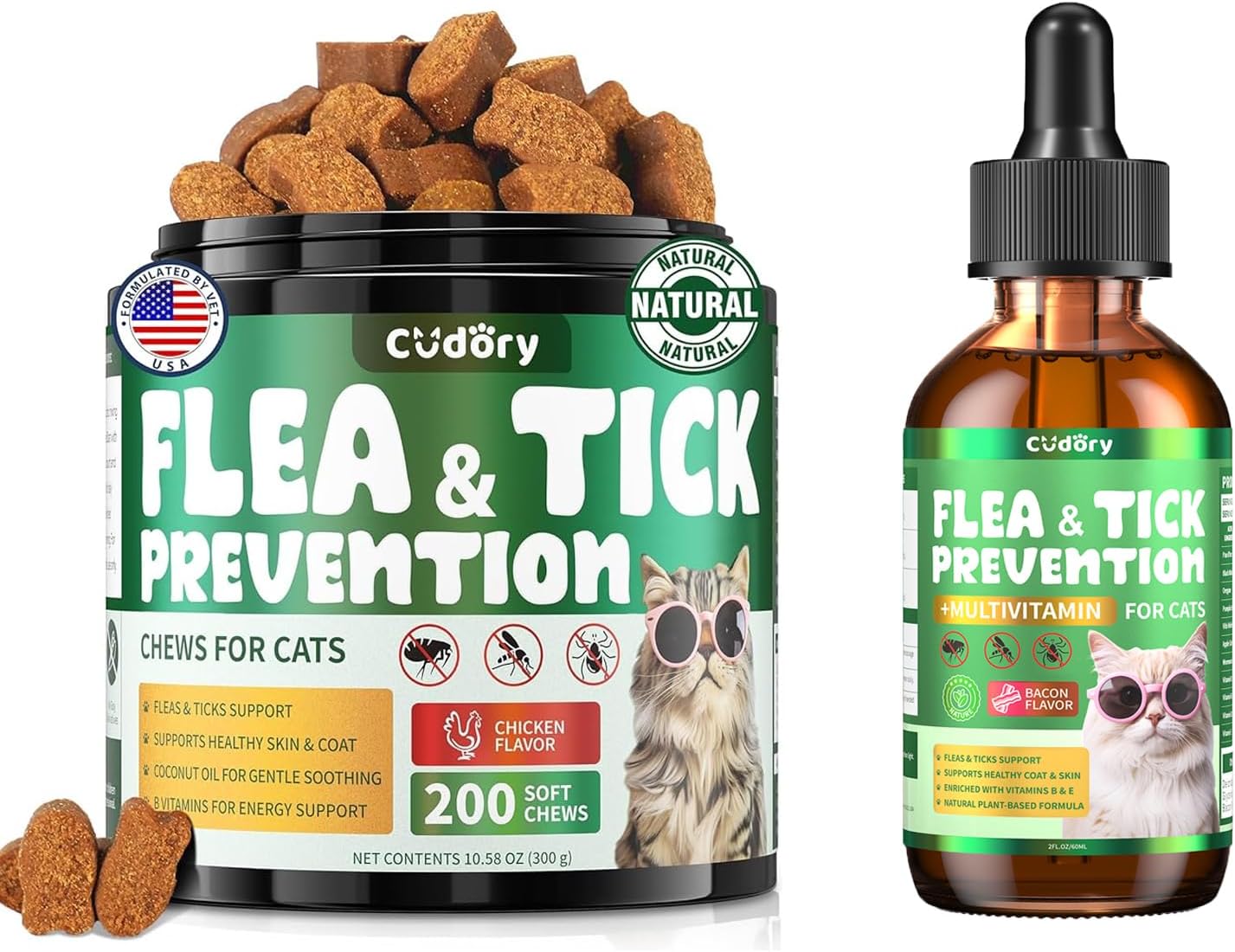 Flea & Tick Support for Cats, Fleas and Ticks Chews + Fleas and Ticks Drops Comfort Formula for Cat All Breeds & Ages