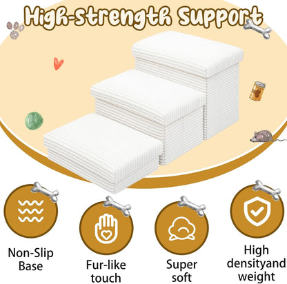 Dog Stairs for Small Dogs with Storage 18" h, 3-Tier Non-Slip Pet Stairs for Dogs Cats, Foldable White Dog Steps Ramp, Corduroy Fabric Pet Ramp for High Beds Couches