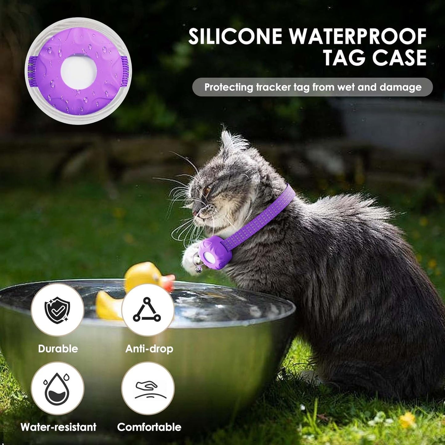 GPS Tracker for Cats, Cat GPS Tracker, Compatible with Apple Find My App (Only iOS), No Monthly Fee, Waterproof (White Tracker, Purple Cat Collar)