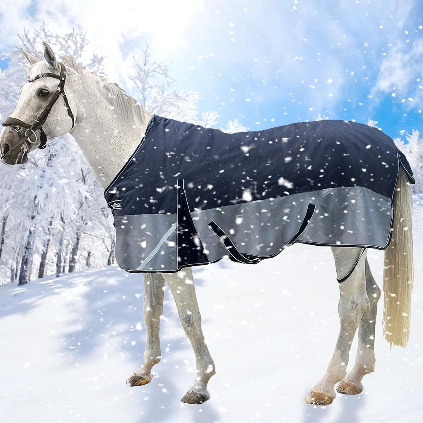300g Fill 1200D Mid-Heavy Weight Winter Waterproof and Breathable Horse Blanket Belly Straps| Turnout Blankets with Reflective Strips (Black/Gray, 66'')