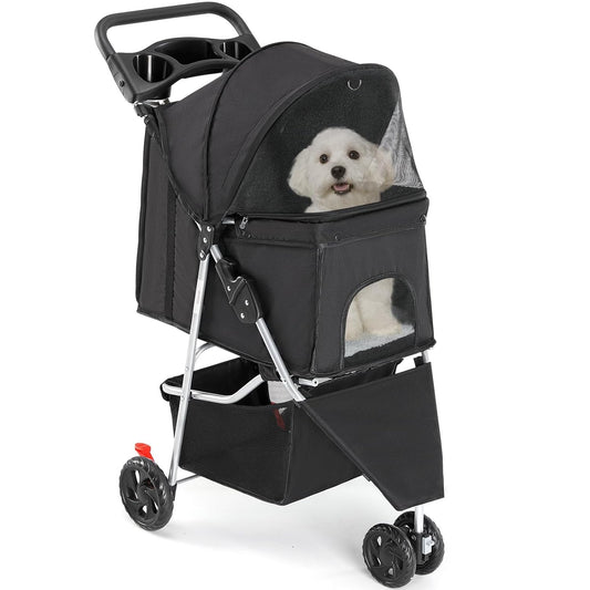 Smug Pet Stroller for Dogs and Cats, Foldable, Lightweight and Durable, Ideal for Small to Medium Pets, Includes Storage Basket and Cup Holders