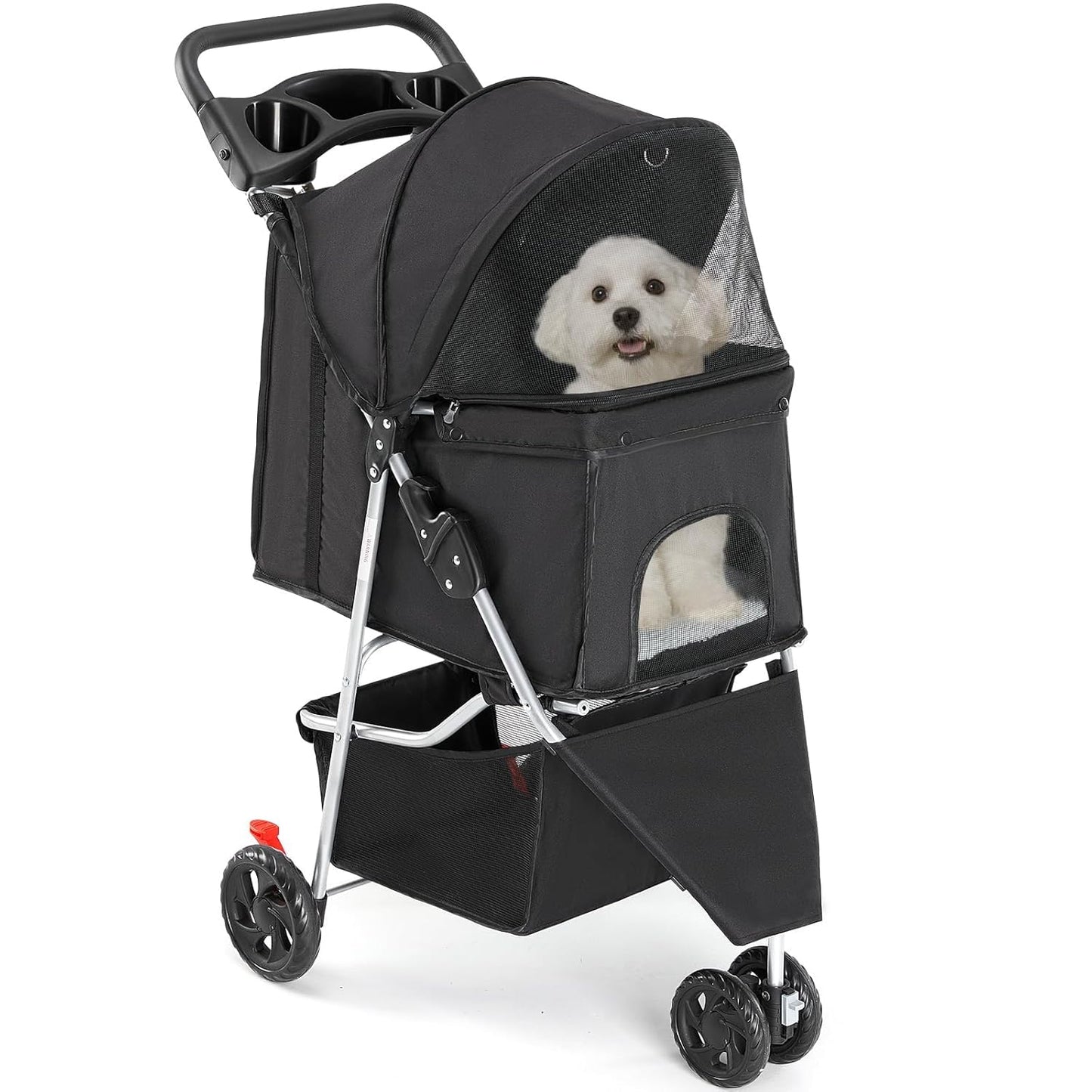 Smug Pet Stroller for Dogs and Cats, Foldable, Lightweight and Durable, Ideal for Small to Medium Pets, Includes Storage Basket and Cup Holders