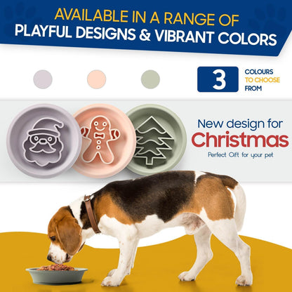 Premium Christmas Silicone Slow Feeder Dog Bowls for Healthy Eating Habits with Non-Slip Design, Dishwasher and Microwave Safe Suitable for Small Medium Large Breed (Grey-Green Christmas Tree)
