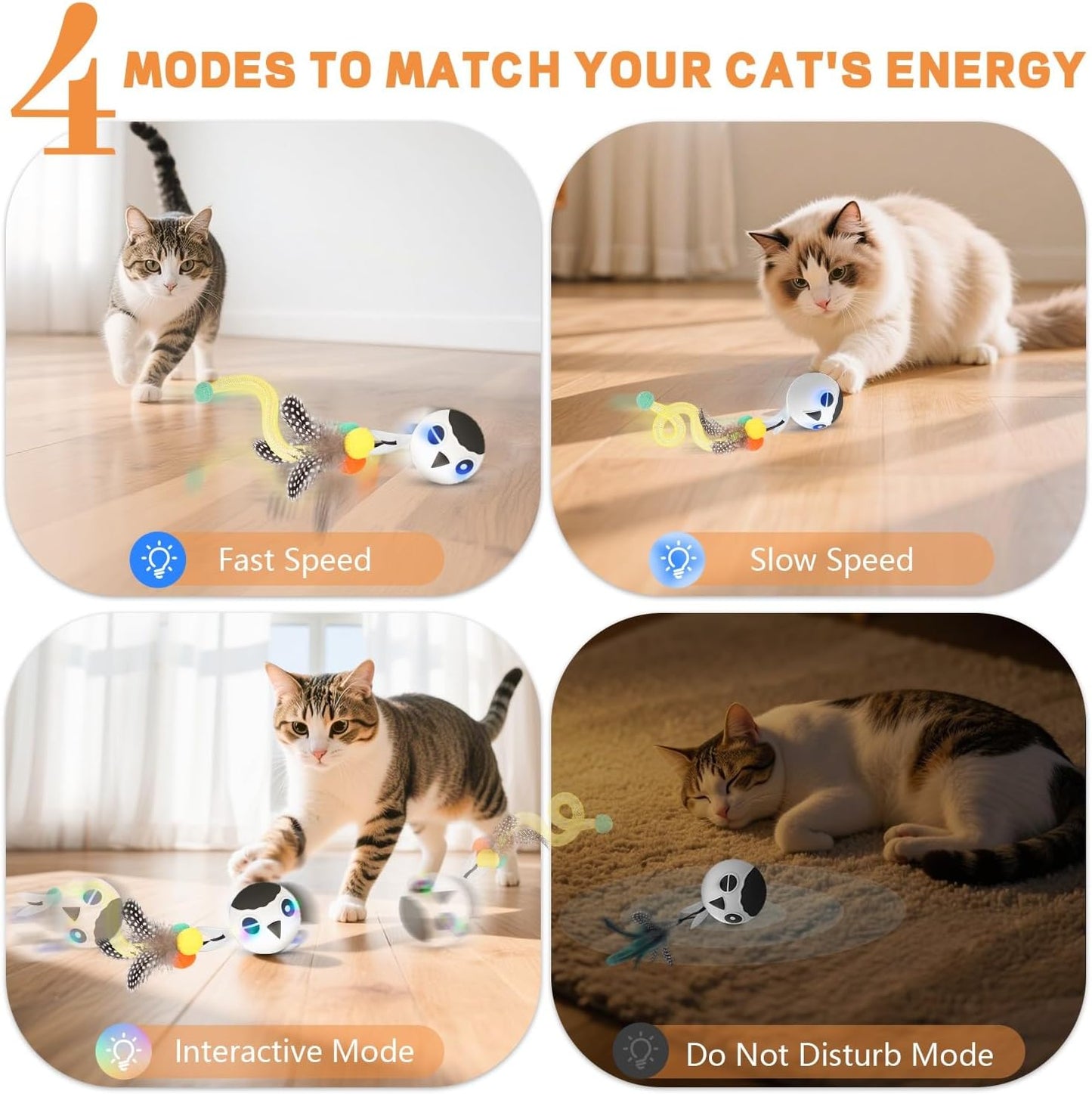 Cat Toys, Interactive Kitten Toys Indoor Cats, USB Rechargeable Electronic Smart Exercise Toy, Motion Activated Fast Moving Chirping Stimulating Light, 2 Feather Tails (White)