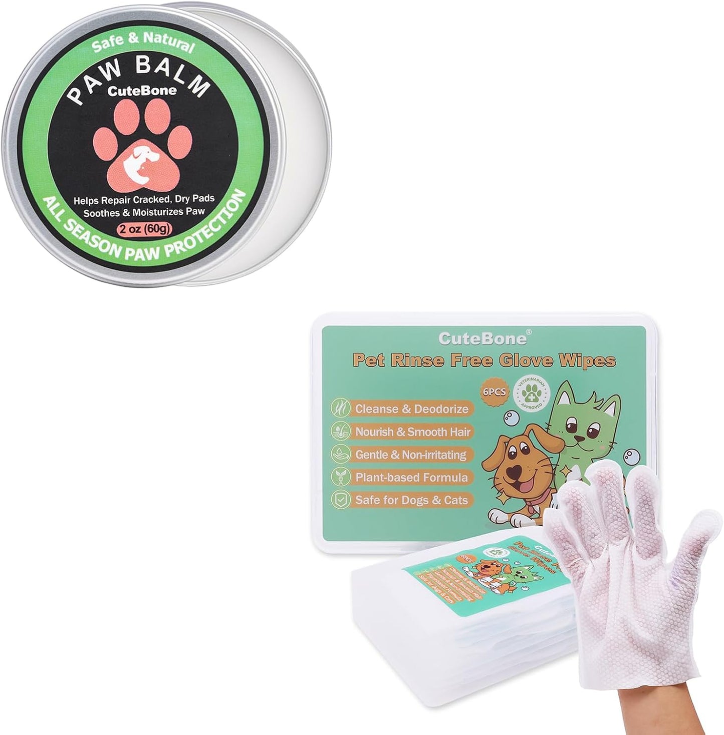 CuteBone Dog Paw Balm and Pet Glove Wipes Kit