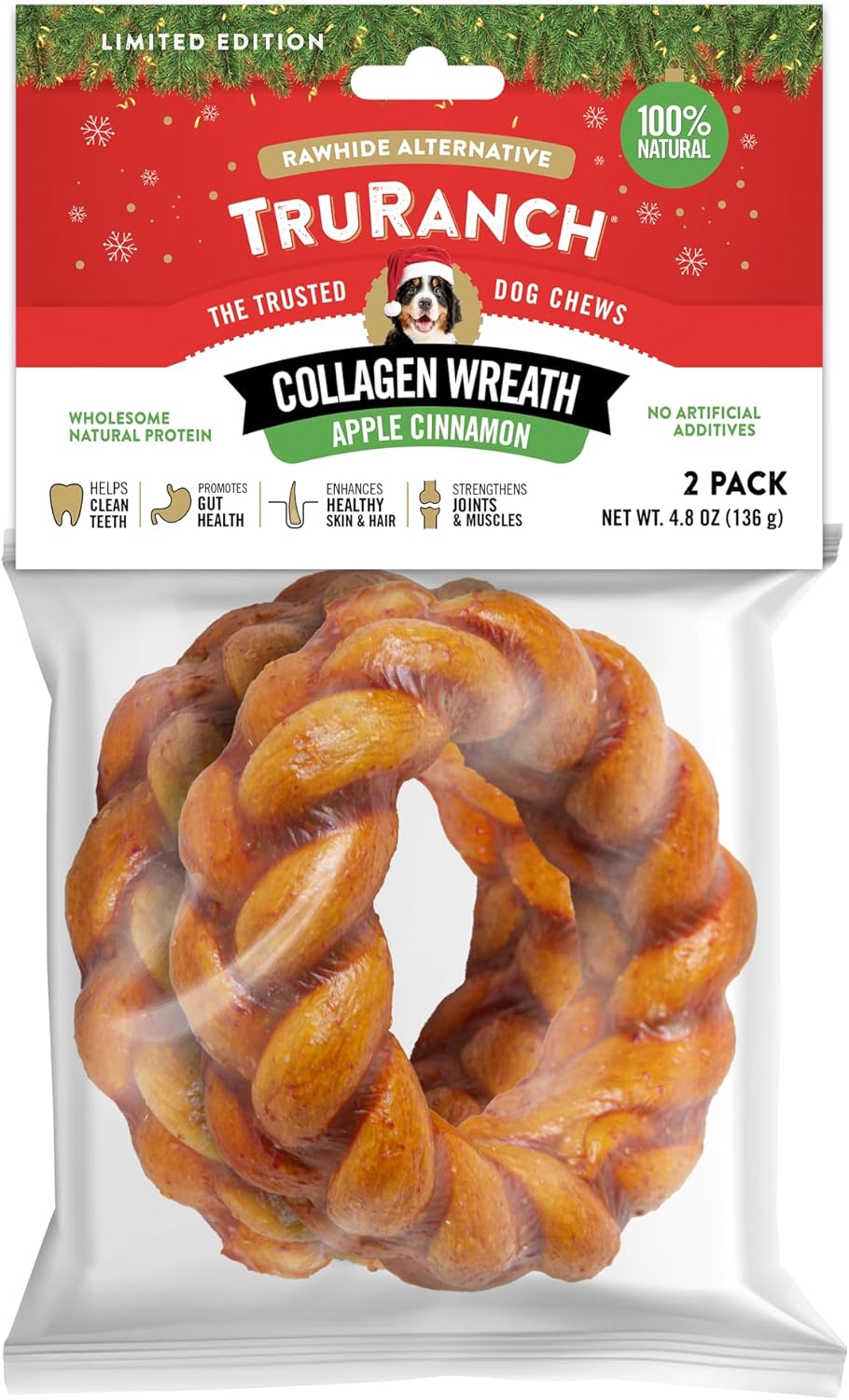 TRURANCH Apple Cinnamon Collagen Wreath Treat, 1 Bag, 2 Count, Limited Edition Holiday Stocking Stuffer, All-Natural Hydrolyzed Collagen, Rawhide Free, 50% Protein, Healthy Limited Ingredient Chew