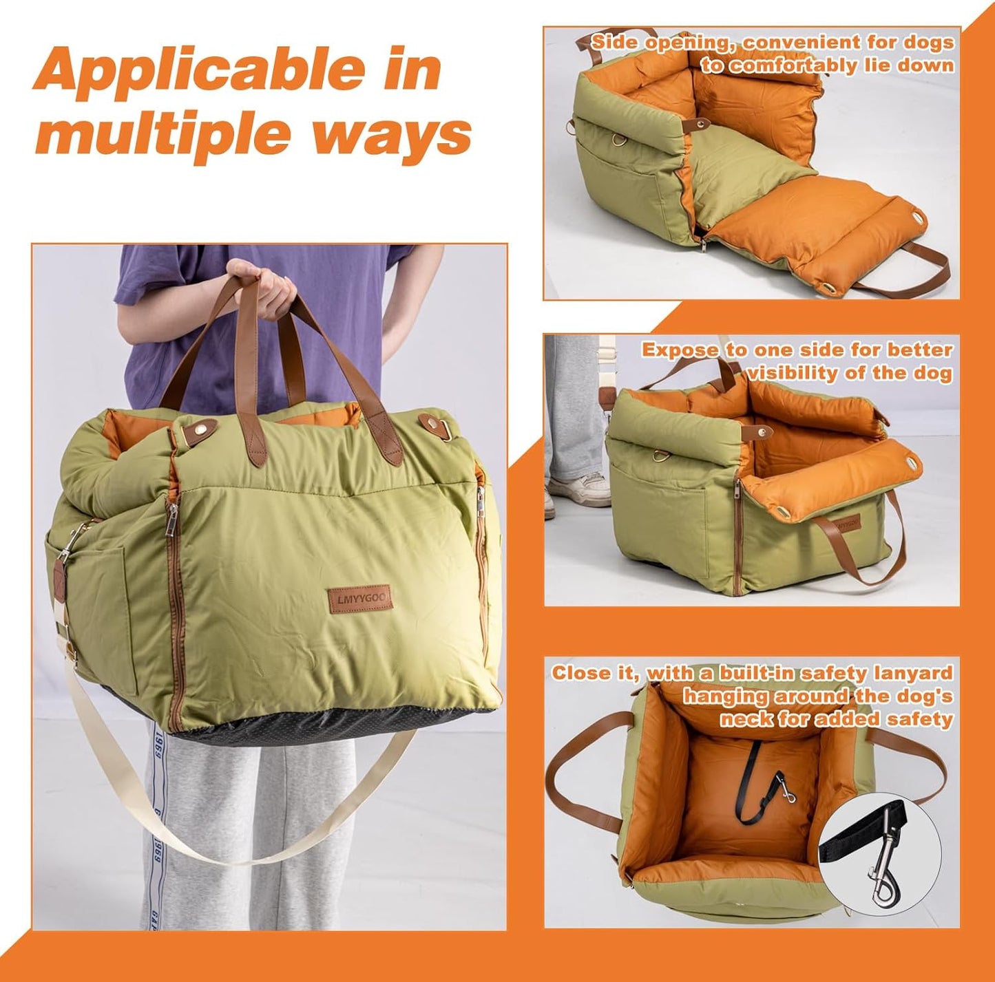 Dog Car Seat for Small & Medium Dogs, Waterproof Soft Leather Dog Car Bed with Harness Clip, Travel Bed & Carrier Bag for Pets, Fits Pets Up to 35 lbs (Green, Small & Medium)