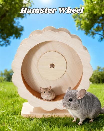 Wooden Hamster Wheel,10/12 Inch Silent Exercise Running Wheel,Cute Rat Wheel,Mouse Wheel, Durable Small Pet Toy for Dwarf Hamsters,Gerbils, Mice, Chinchillas, Hedgehogs,Guinea,rueda para hámster