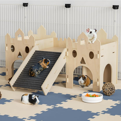 Guinea Pig Hideout House, Advanced Wooden Hamster Hideout with Climbing Ladder & Rest Zone, Bunny Castle Tower Toy for Guinea Pig Chinchilla Gerbil Hedgehog Small Animal House Habitat Hut