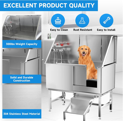 Dog Washing Station 50" Dog Grooming Tub with Right Stair& Faucet, Stainless Steel Dog Bathing Station for Home,Dog Bathtub for Large,Medium,Small Pets