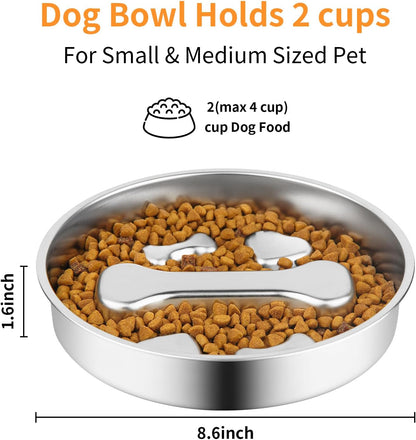Slow Feeder Dog Bowl - 2 Cups Stainless Steel Dog Slow Feeder Food Bowl, Metal Non-Slip Lick Plate,Puppy or Cat Food Holder,Pet Supplies,Puzzle Maze Dish for Medium Sized Breeds