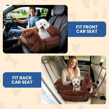 BurgeonNest Small Dog Car Seat, Cute Medium Dog Bed for Car Under 30 lbs, Washable Removable Cat Puppy Travel Booster Carseats with Clip-On Safety Leash, Fluffy Warm Pet Carrier Bag Home Bed, Brown