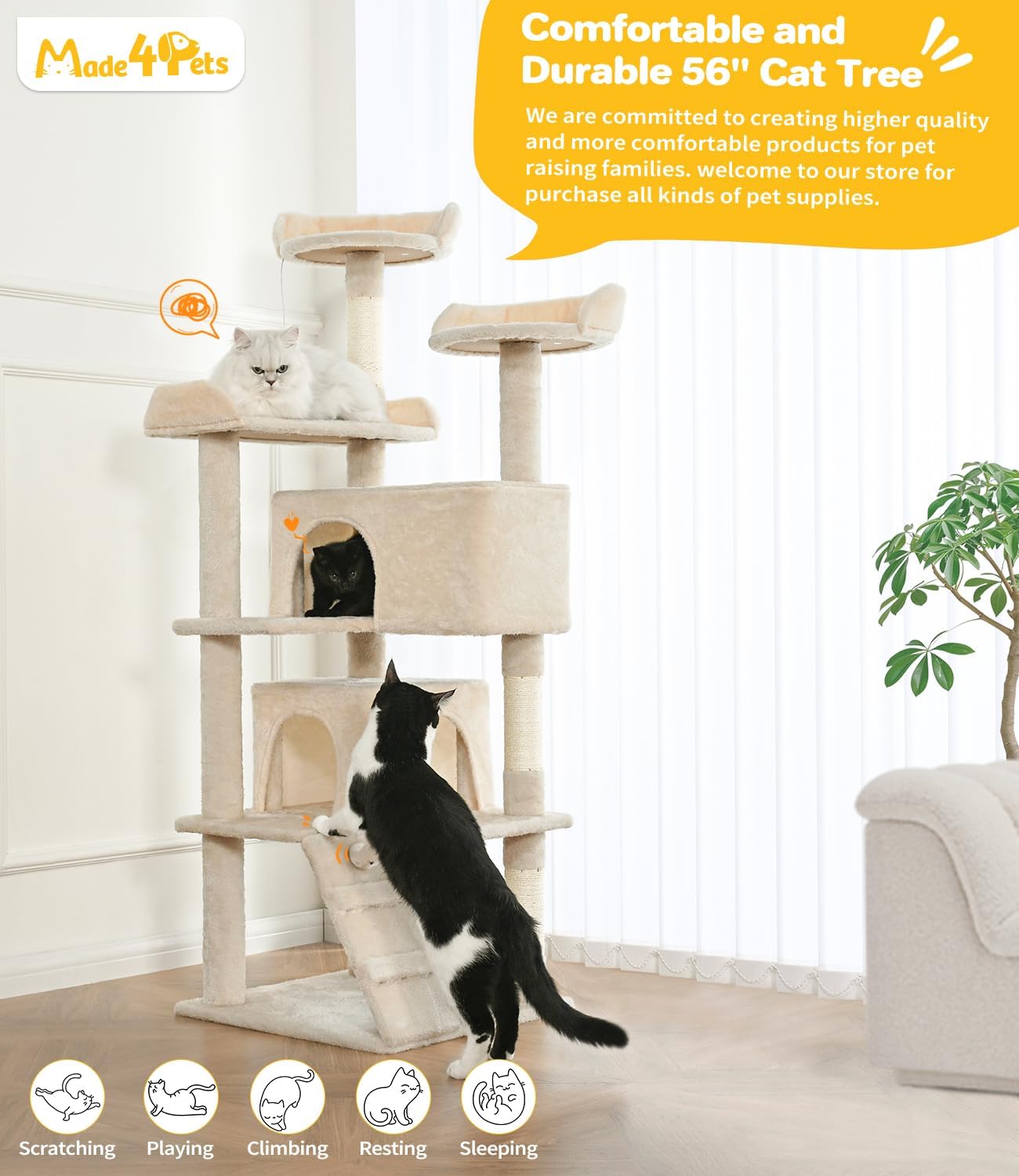 Made4Pets Cat Tree Tower 56in Cat Tower for Indoor Cats Kitten Tree Multi-Level Cat Tree with 2 Condo Furniture Activity Center with Scratching Posts Funny Toys Kittens Pet Play House, Beige