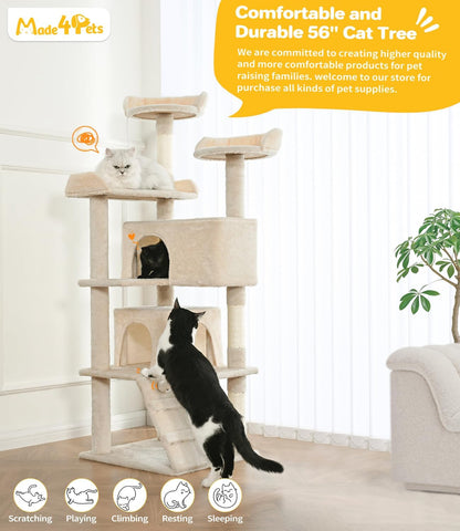 Made4Pets Cat Tree Tower 56in Cat Tower for Indoor Cats Kitten Tree Multi-Level Cat Tree with 2 Condo Furniture Activity Center with Scratching Posts Funny Toys Kittens Pet Play House, Beige