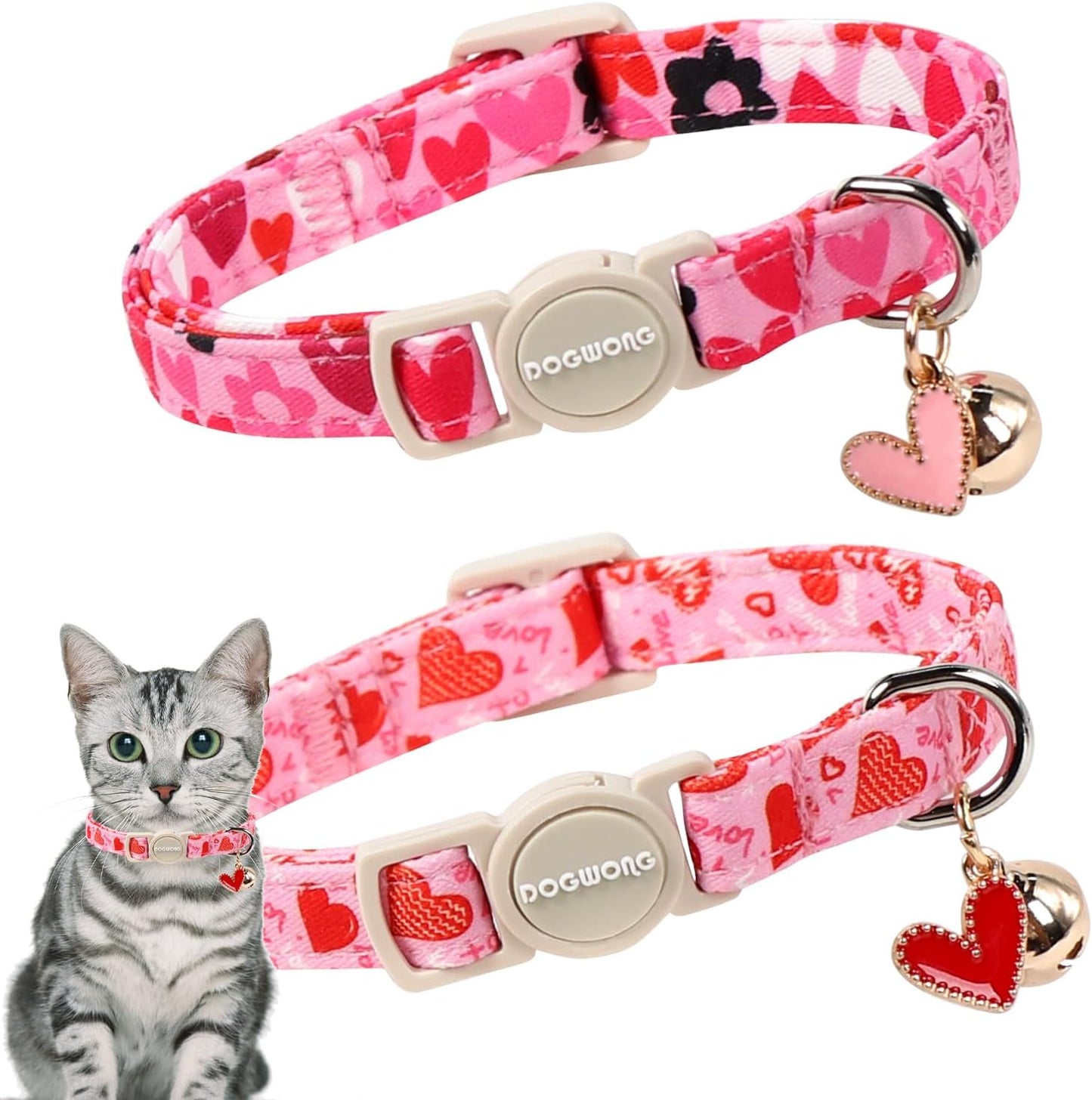 2 Pack Cat Collars Breakaway with Bell, DOGWONG Safety Buckle Valentine's Day Cat Collar Pink Heart for Girl Boy Cats and Small Dogs，Adjustable 7-12 Inch,Pet Supplies Accessories